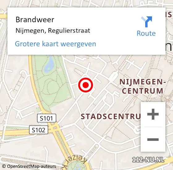 Locatie op kaart van de 112 melding: Brandweer Nijmegen, Regulierstraat op 23 september 2024 09:37