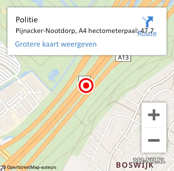 Locatie op kaart van de 112 melding: Politie Pijnacker-Nootdorp, A4 hectometerpaal: 47,7 op 23 september 2024 10:02