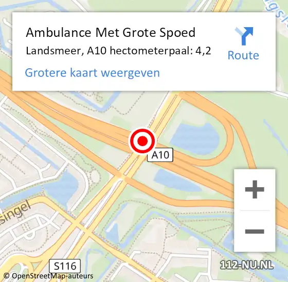 Locatie op kaart van de 112 melding: Ambulance Met Grote Spoed Naar Landsmeer, A10 hectometerpaal: 4,2 op 23 september 2024 11:27