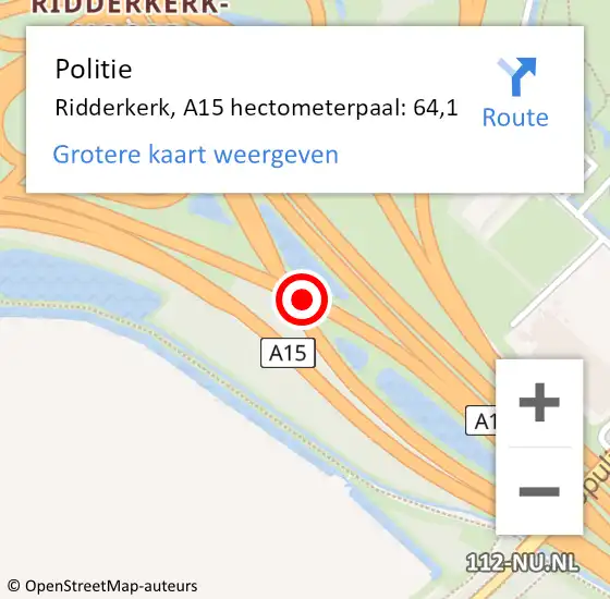 Locatie op kaart van de 112 melding: Politie Ridderkerk, A15 hectometerpaal: 64,1 op 23 september 2024 11:38