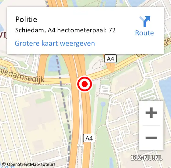 Locatie op kaart van de 112 melding: Politie Schiedam, A4 hectometerpaal: 72 op 23 september 2024 11:43