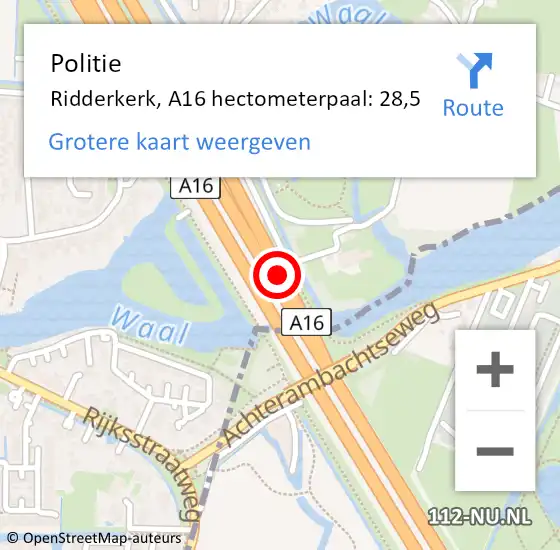 Locatie op kaart van de 112 melding: Politie Ridderkerk, A16 hectometerpaal: 28,5 op 23 september 2024 14:15