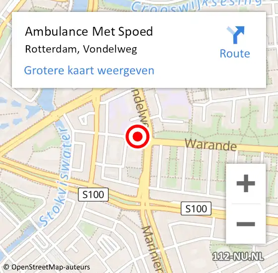 Locatie op kaart van de 112 melding: Ambulance Met Spoed Naar Rotterdam, Vondelweg op 23 september 2024 14:44