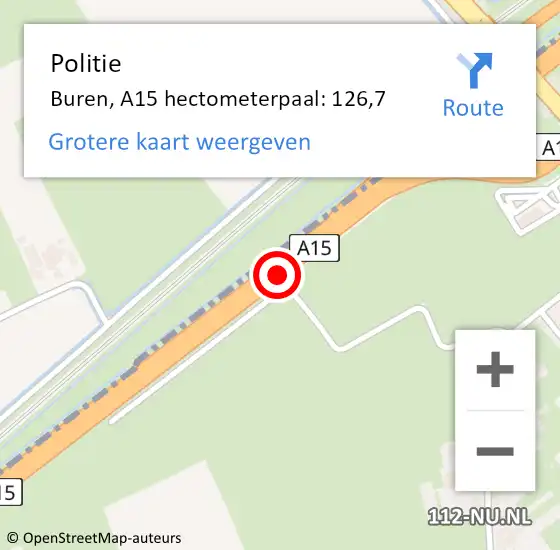 Locatie op kaart van de 112 melding: Politie Buren, A15 hectometerpaal: 126,7 op 23 september 2024 14:53