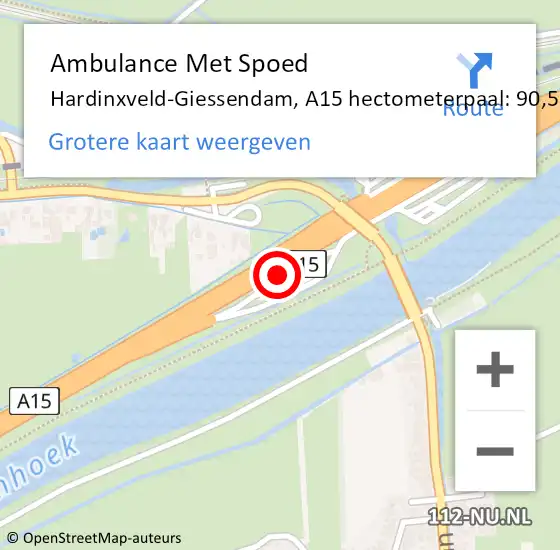 Locatie op kaart van de 112 melding: Ambulance Met Spoed Naar Hardinxveld-Giessendam, A15 hectometerpaal: 90,5 op 23 september 2024 15:22