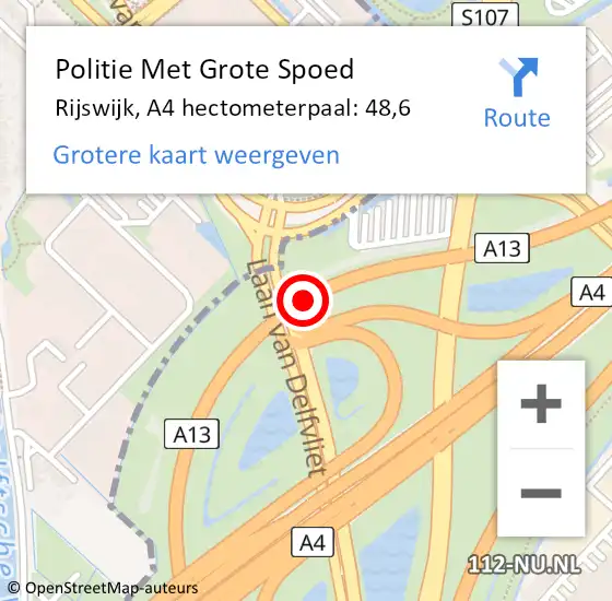 Locatie op kaart van de 112 melding: Politie Met Grote Spoed Naar Rijswijk, A4 hectometerpaal: 48,6 op 23 september 2024 15:48