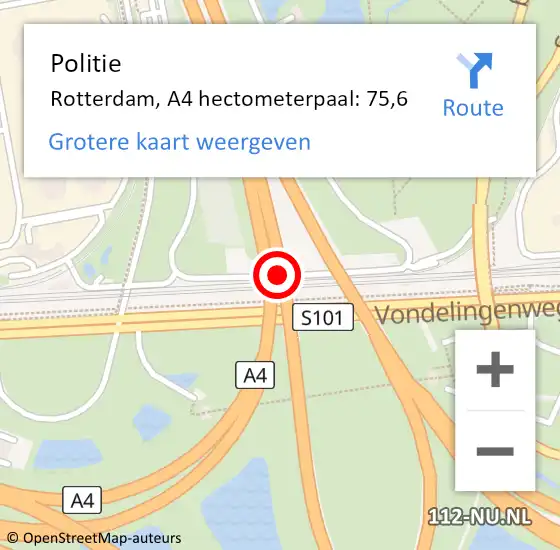 Locatie op kaart van de 112 melding: Politie Rotterdam, A4 hectometerpaal: 75,6 op 23 september 2024 16:31