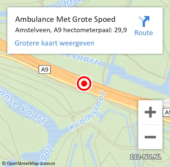 Locatie op kaart van de 112 melding: Ambulance Met Grote Spoed Naar Amstelveen, A9 hectometerpaal: 29,9 op 23 september 2024 17:01