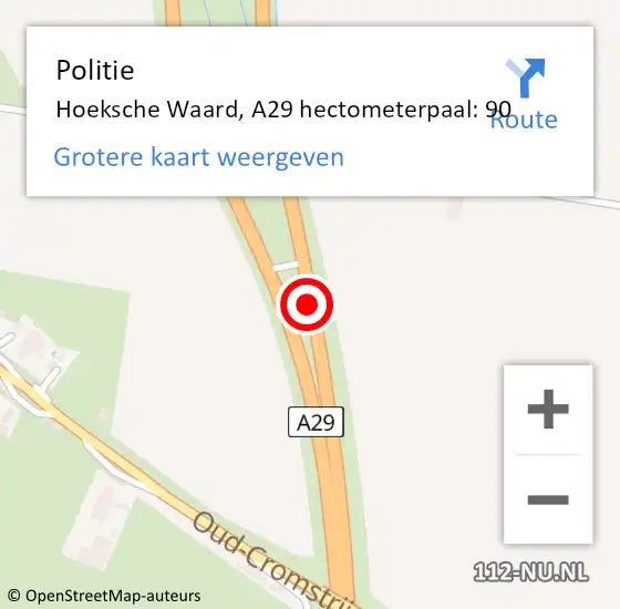 Locatie op kaart van de 112 melding: Politie Hoeksche Waard, A29 hectometerpaal: 90 op 23 september 2024 17:53