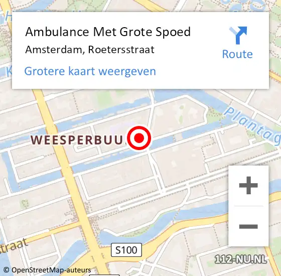 Locatie op kaart van de 112 melding: Ambulance Met Grote Spoed Naar Amsterdam, Roetersstraat op 23 september 2024 18:39