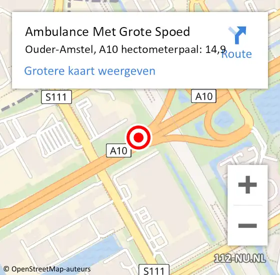 Locatie op kaart van de 112 melding: Ambulance Met Grote Spoed Naar Ouder-Amstel, A10 hectometerpaal: 14,9 op 23 september 2024 20:41