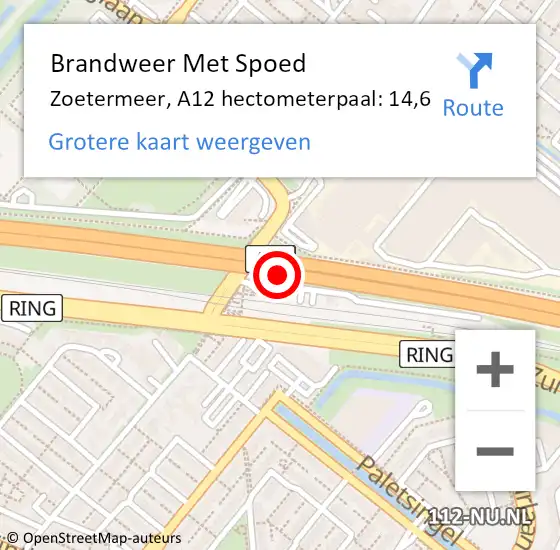 Locatie op kaart van de 112 melding: Brandweer Met Spoed Naar Zoetermeer, A12 hectometerpaal: 14,6 op 23 september 2024 22:27