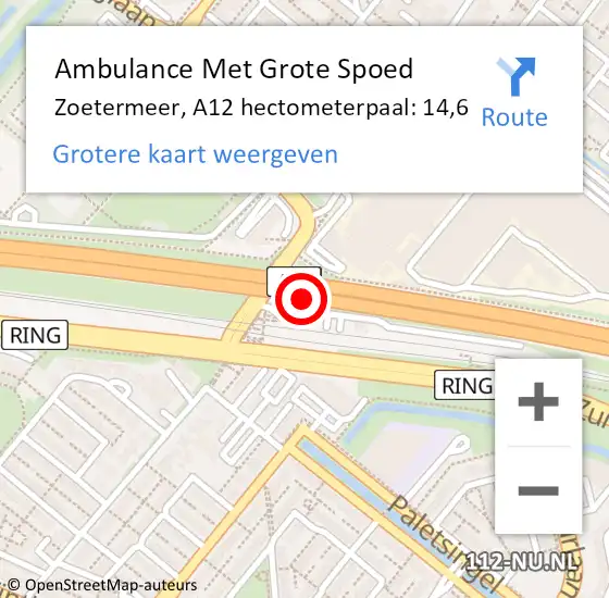 Locatie op kaart van de 112 melding: Ambulance Met Grote Spoed Naar Zoetermeer, A12 hectometerpaal: 14,6 op 23 september 2024 22:35