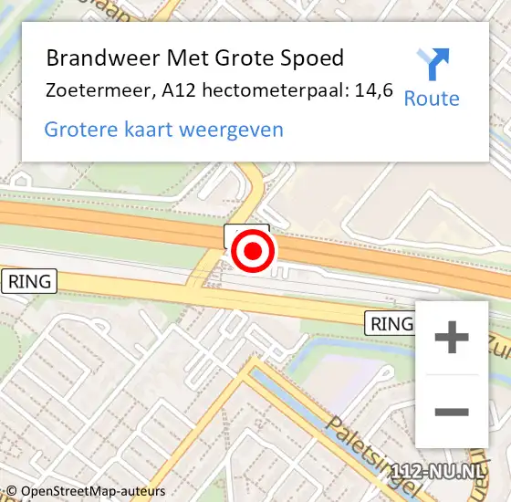 Locatie op kaart van de 112 melding: Brandweer Met Grote Spoed Naar Zoetermeer, A12 hectometerpaal: 14,6 op 23 september 2024 22:36