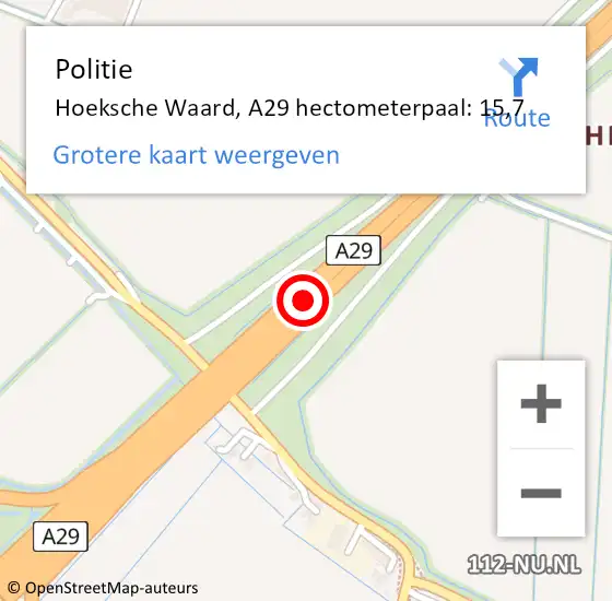 Locatie op kaart van de 112 melding: Politie Hoeksche Waard, A29 hectometerpaal: 15,7 op 23 september 2024 23:43