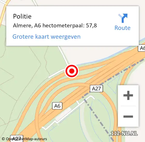 Locatie op kaart van de 112 melding: Politie Almere, A6 hectometerpaal: 57,8 op 24 september 2024 01:09