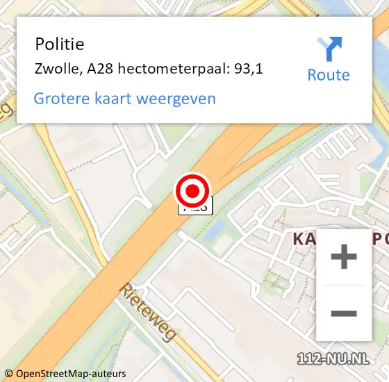 Locatie op kaart van de 112 melding: Politie Zwolle, A28 hectometerpaal: 93,1 op 24 september 2024 07:04