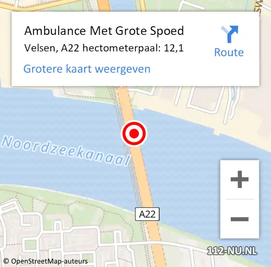 Locatie op kaart van de 112 melding: Ambulance Met Grote Spoed Naar Velsen, A22 hectometerpaal: 12,1 op 24 september 2024 07:48