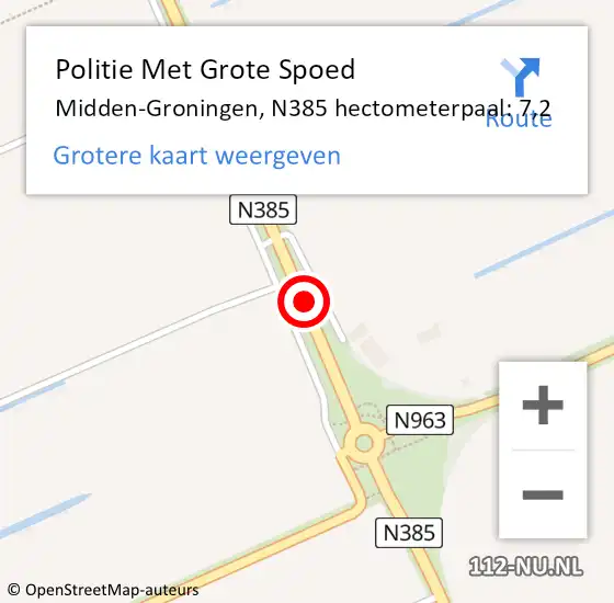 Locatie op kaart van de 112 melding: Politie Met Grote Spoed Naar Midden-Groningen, N385 hectometerpaal: 7,2 op 24 september 2024 08:16