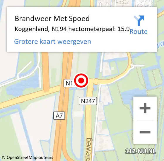 Locatie op kaart van de 112 melding: Brandweer Met Spoed Naar Koggenland, N194 hectometerpaal: 15,9 op 24 september 2024 08:44