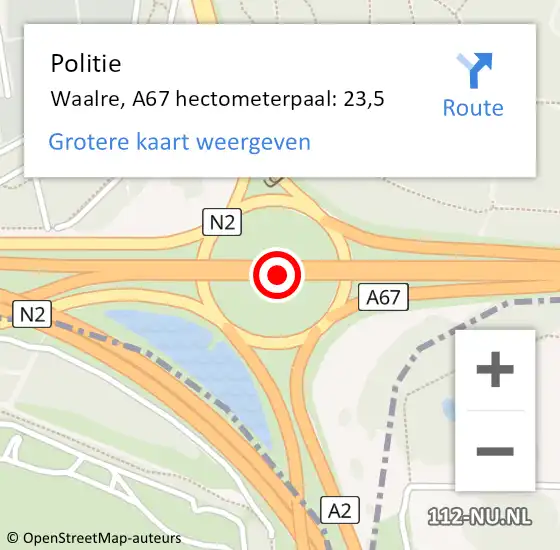 Locatie op kaart van de 112 melding: Politie Waalre, A67 hectometerpaal: 23,5 op 24 september 2024 13:26