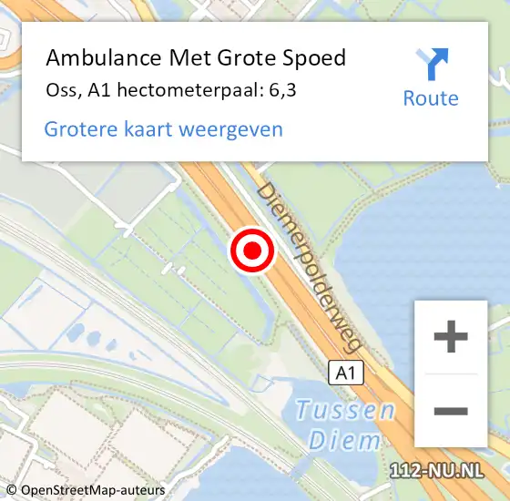 Locatie op kaart van de 112 melding: Ambulance Met Grote Spoed Naar Oss, A1 hectometerpaal: 6,3 op 24 september 2024 14:22