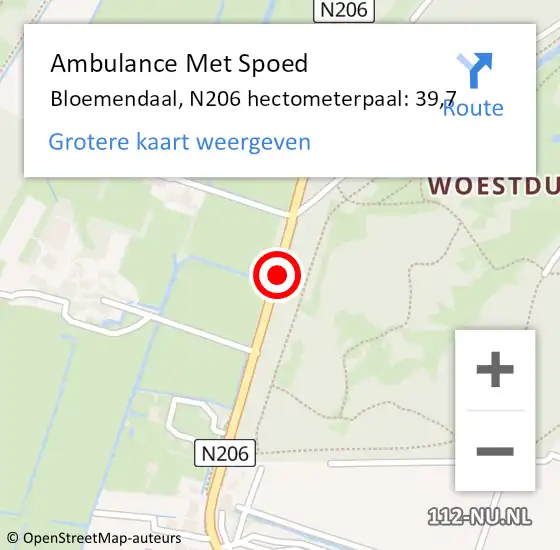 Locatie op kaart van de 112 melding: Ambulance Met Spoed Naar Bloemendaal, N206 hectometerpaal: 39,7 op 24 september 2024 15:47