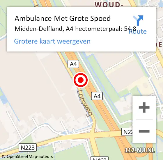 Locatie op kaart van de 112 melding: Ambulance Met Grote Spoed Naar Midden-Delfland, A4 hectometerpaal: 54,8 op 24 september 2024 16:11