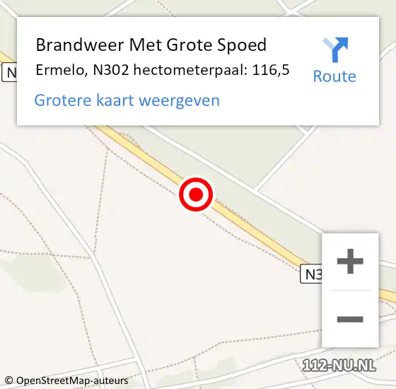 Locatie op kaart van de 112 melding: Brandweer Met Grote Spoed Naar Ermelo, N302 hectometerpaal: 116,5 op 24 september 2024 16:29