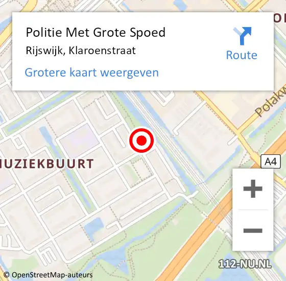 Locatie op kaart van de 112 melding: Politie Met Grote Spoed Naar Rijswijk, Klaroenstraat op 24 september 2024 20:05