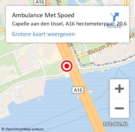 Locatie op kaart van de 112 melding: Ambulance Met Spoed Naar Capelle aan den IJssel, A16 hectometerpaal: 20,6 op 24 september 2024 20:42