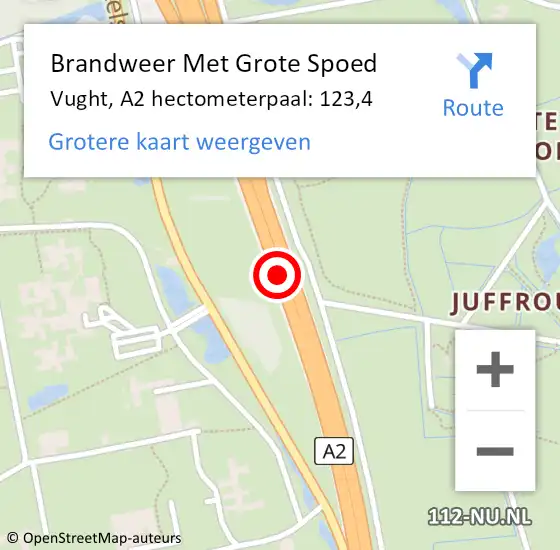 Locatie op kaart van de 112 melding: Brandweer Met Grote Spoed Naar Vught, A2 hectometerpaal: 123,4 op 25 september 2024 02:41