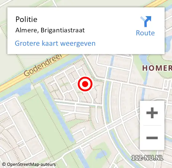 Locatie op kaart van de 112 melding: Politie Almere, Brigantiastraat op 25 september 2024 02:56