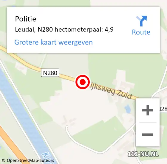 Locatie op kaart van de 112 melding: Politie Leudal, N280 hectometerpaal: 4,9 op 25 september 2024 07:55