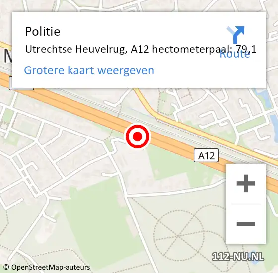 Locatie op kaart van de 112 melding: Politie Utrechtse Heuvelrug, A12 hectometerpaal: 79,1 op 25 september 2024 08:11