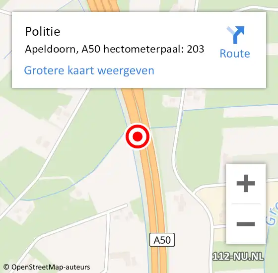 Locatie op kaart van de 112 melding: Politie Apeldoorn, A50 hectometerpaal: 203 op 25 september 2024 08:17