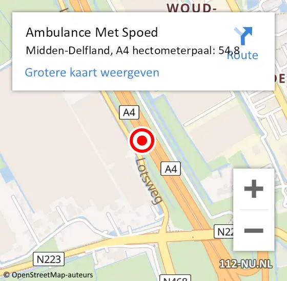 Locatie op kaart van de 112 melding: Ambulance Met Spoed Naar Midden-Delfland, A4 hectometerpaal: 54,8 op 25 september 2024 08:50