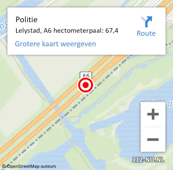 Locatie op kaart van de 112 melding: Politie Lelystad, A6 hectometerpaal: 67,4 op 25 september 2024 09:17