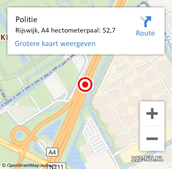 Locatie op kaart van de 112 melding: Politie Rijswijk, A4 hectometerpaal: 52,7 op 25 september 2024 12:43