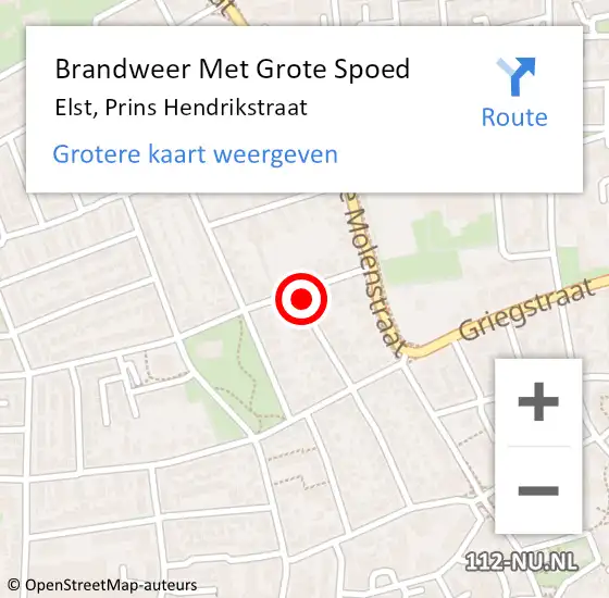 Locatie op kaart van de 112 melding: Brandweer Met Grote Spoed Naar Elst, Prins Hendrikstraat op 25 september 2024 14:10