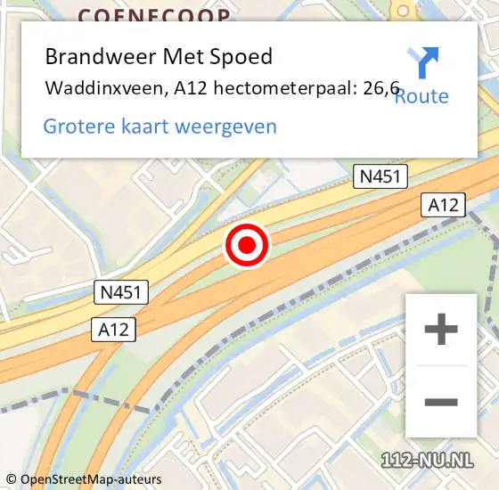 Locatie op kaart van de 112 melding: Brandweer Met Spoed Naar Waddinxveen, A12 hectometerpaal: 26,6 op 25 september 2024 16:01