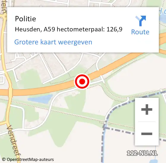 Locatie op kaart van de 112 melding: Politie Heusden, A59 hectometerpaal: 126,9 op 25 september 2024 16:11