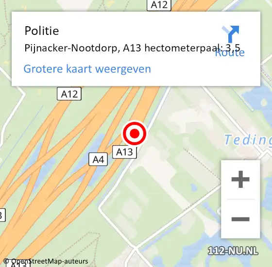 Locatie op kaart van de 112 melding: Politie Pijnacker-Nootdorp, A13 hectometerpaal: 3,5 op 25 september 2024 17:02