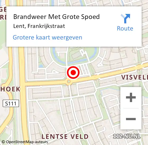 Locatie op kaart van de 112 melding: Brandweer Met Grote Spoed Naar Lent, Frankrijkstraat op 25 september 2024 18:06