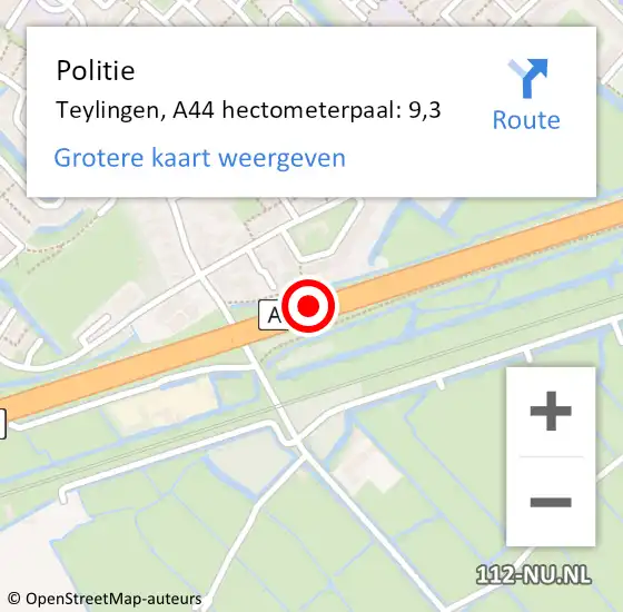 Locatie op kaart van de 112 melding: Politie Teylingen, A44 hectometerpaal: 9,3 op 25 september 2024 18:22