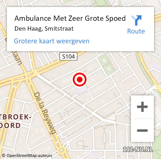 Locatie op kaart van de 112 melding: Ambulance Met Zeer Grote Spoed Naar Den Haag, Smitstraat op 25 september 2024 22:32