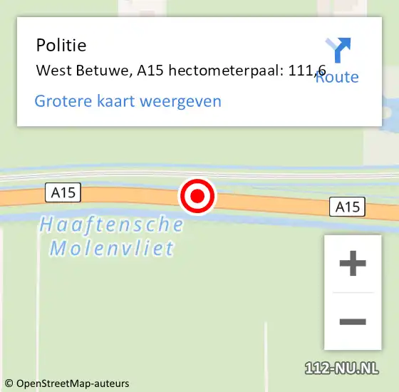 Locatie op kaart van de 112 melding: Politie West Betuwe, A15 hectometerpaal: 111,6 op 25 september 2024 23:09