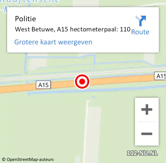 Locatie op kaart van de 112 melding: Politie West Betuwe, A15 hectometerpaal: 110 op 25 september 2024 23:09