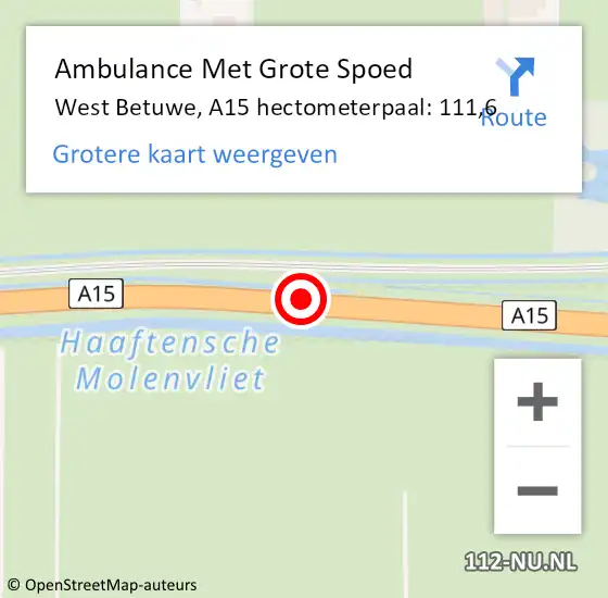 Locatie op kaart van de 112 melding: Ambulance Met Grote Spoed Naar West Betuwe, A15 hectometerpaal: 111,6 op 25 september 2024 23:28