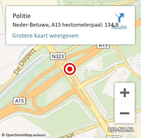 Locatie op kaart van de 112 melding: Politie Neder-Betuwe, A15 hectometerpaal: 134,9 op 26 september 2024 00:13